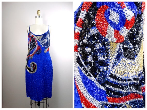 M/L Beaded Sequin Dress // Geometric Swirls Brigh… - image 1