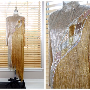 Bob Mackie Fringe Perlenkleid // Gold & Silber verziertes Kleid // Stark perlenbesetztes Pailletten Couturekleid US 10 -- Deadstock with tags !!!
