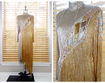 Bob Mackie Fringe Beaded Dress // Gold & Silver Embellished Gown // Heavily Beaded Sequin Couture Dress US 10 -- deadstock with tags !!!