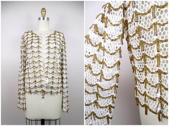 RARE Gold Beaded Fringe Lace Bolero Cardigan by S… - image 3