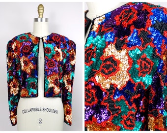 HEAVY Floral Beaded Sequin Bolero / Bright Red Rose Heavily Sequined Cropped Jacket