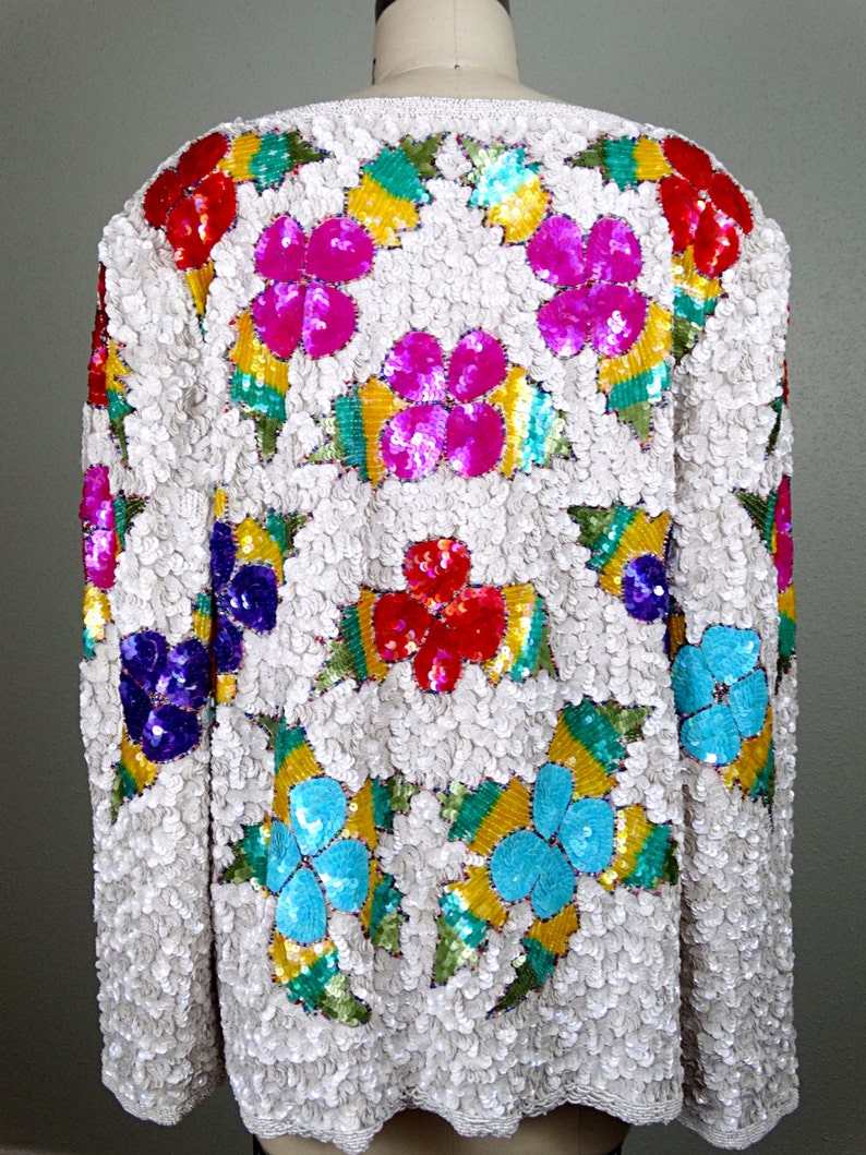 White Sequin Floral Art Deco Top Fully Embellished Silk Blouse Pink Purple Red Blue Sequined Beaded Top Large XL