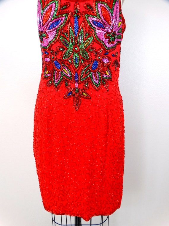 Red Silk Pink Beaded Dress // Bright Sequin Embel… - image 3