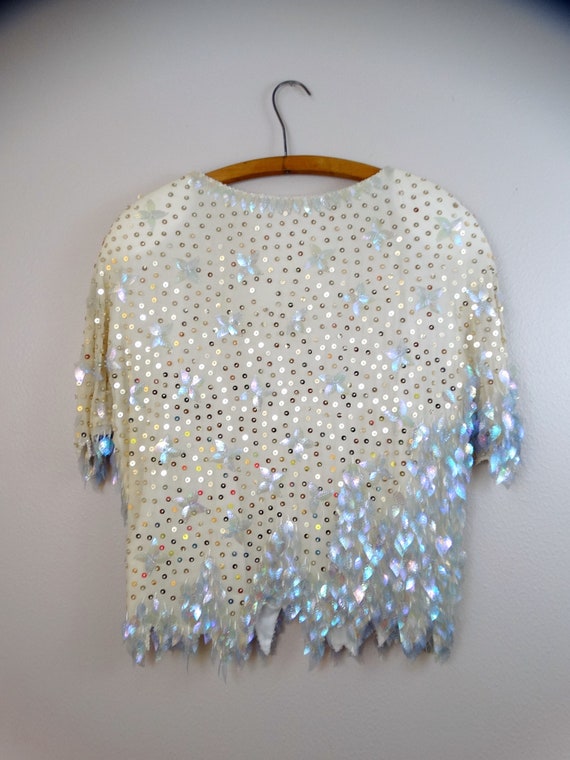 S/M Iridescent Paillette Sequin Top // Ivory and … - image 2