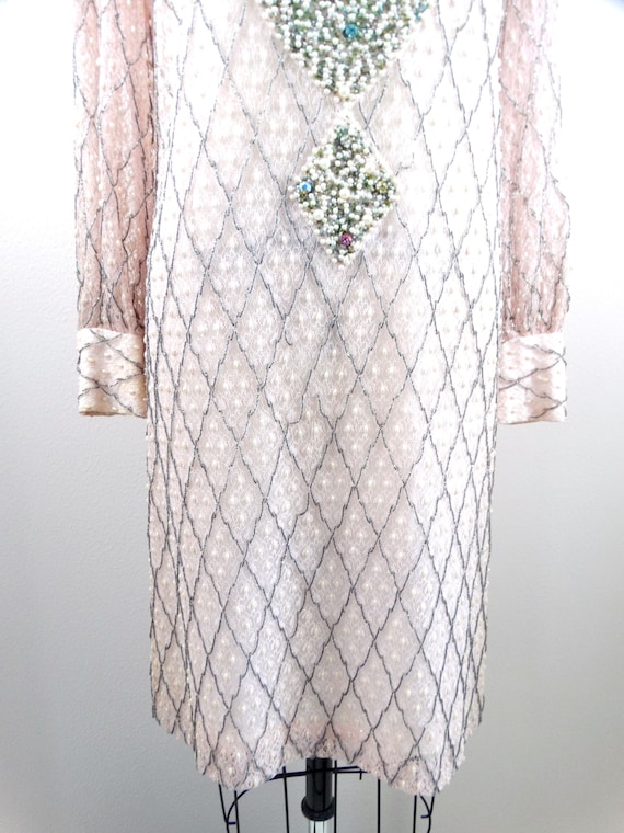 60s Pink Beaded Sequined Dress ‣ Pastel Pink Pear… - image 3