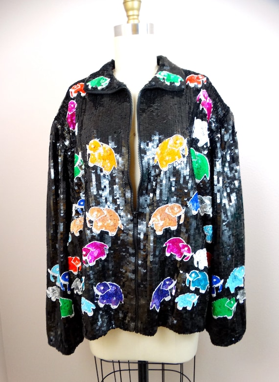 Elephant Lover Sequin Coat / 80s Wearable Art Seq… - image 2
