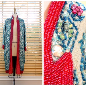 50s HEAVY Rhinestone Beaded Sequin Coat / 1950s Couture Crystal Jewel Encrusted Ornate Long Jacket / Turquoise Embroidered Red Evening Coat