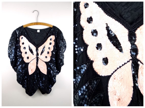 Reserved ** VTG Batwing Sequin Top // Peach and Bl