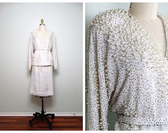 Pearl Beaded Skirt and Top / White Silk Glass Beaded 2 Piece / Heavily Embellished Dress Suit w/ Matching Top Wrap Blouse