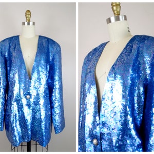 Sky Blue Sequin Trophy Jacket / Iridescent Embellished Blazer // Vintage Sequined Party Jacket Size Extra Large XL