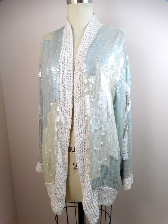 70s Iridescent Sequin Beaded Long Cardigan // Pas… - image 2