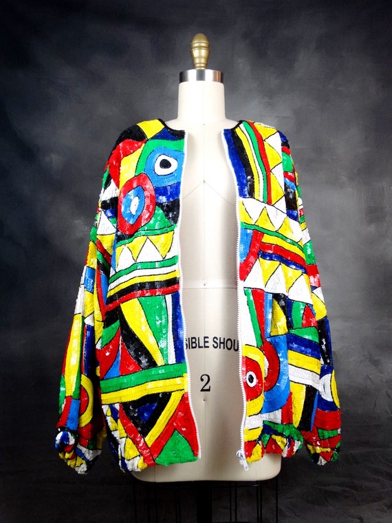 VTG Bright Sequin Coat // Retro Embellished Bombe… - image 2