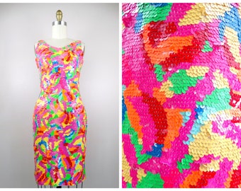 S/M Neon Sequin Dress // Hot Pink Orange Yellow and Green Sequined Mini Dress // Fluorescent Sequin Embellished Party Dress