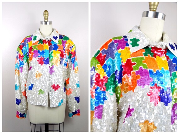 GLAM All Embellished Sequin Jacket / Rainbow Puzz… - image 5