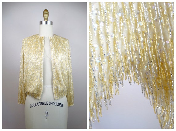 50's Fringe Beaded Cardigan Sweater / 1950's Cream