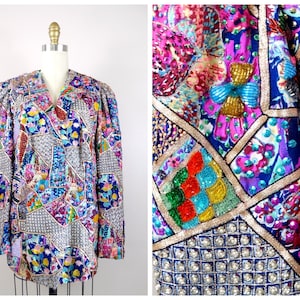 May include: A colourful patchwork jacket with sequins and beading. The jacket is made of different fabrics and has a variety of patterns, including floral, geometric, and abstract.