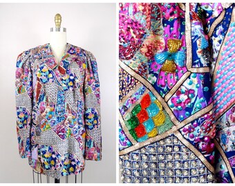 OOAK Vintage Beaded Patchwork Jacket / Handmade One of a Kind Embroidered Colorblock Quilted Sequin Blazer