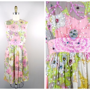60s Rhinestone Beaded Sequin Dress ‣ Pastel Pink Pearl Beaded Dress ‣ 1960’s Sequin Embellished Floral Dress