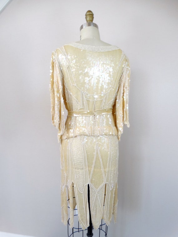 70s Hand Beaded Pearl Fringe Dress w/ Belt // Vin… - image 6
