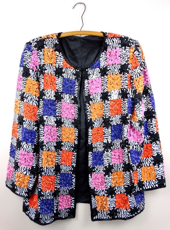Neon Checker Sequined Cardigan / Checkered Beaded… - image 2