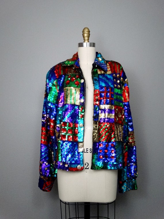 Colorblock Christmas Sequin Jacket / Colorful Pre… - image 2