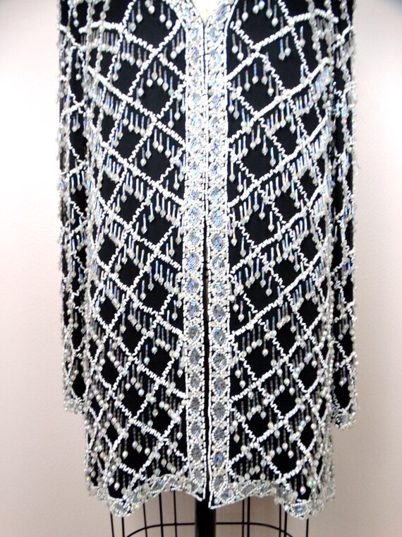HEAVY Teardrop Fringe Beaded Jacket / Clear Bead Embe… Gem