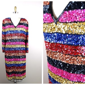 L/XL Bright and Colorful Sequin Dress // Pink Red Black Blue and Gold Beaded Dress Extra Large