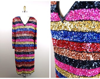 L/XL Bright and Colorful Sequined Dress // Pink Red Black Blue and Gold Sequin Dress Extra Large