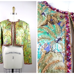 Kunstvoller Gold Perlen Bolero // Vintage Couture Metallic Grün Bestickte Pailletten Kurzjacke
