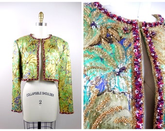 Ornate Gold Beaded Bolero // Vintage Couture Lame Metallic Green Embroidered Sequined Cropped Jacket