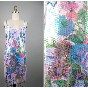 80s 90s Floral Sequin Dress / Iridescent Pastel Mini Dress by Express
