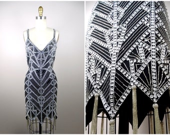 RARE Jewel Beaded Art Deco Mini Dress // Gem Embellished Dress w/ Fringe Beading // Vintage Couture Great Gatsby Flapper Dress