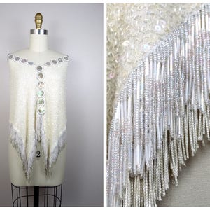 RARE Beaded Fringed Sequined Capelet // Iridescent Fringe Beaded Ivory Sequin Wedding Dress Poncho Cape // Sequined Bridal Cover Up