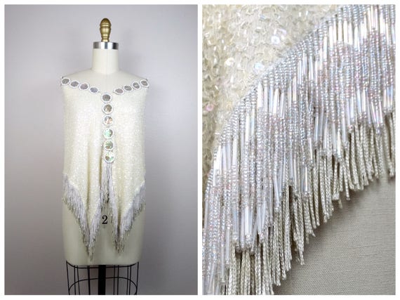 RARE Beaded Fringed Sequined Capelet // Iridescen… - image 1