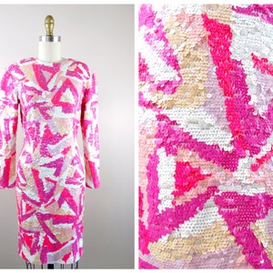 RARE Neon Pink Sequin Dress / Hot Pink & White Sequin Mini Dress / Bright Embellished Dress by Lillie Rubin