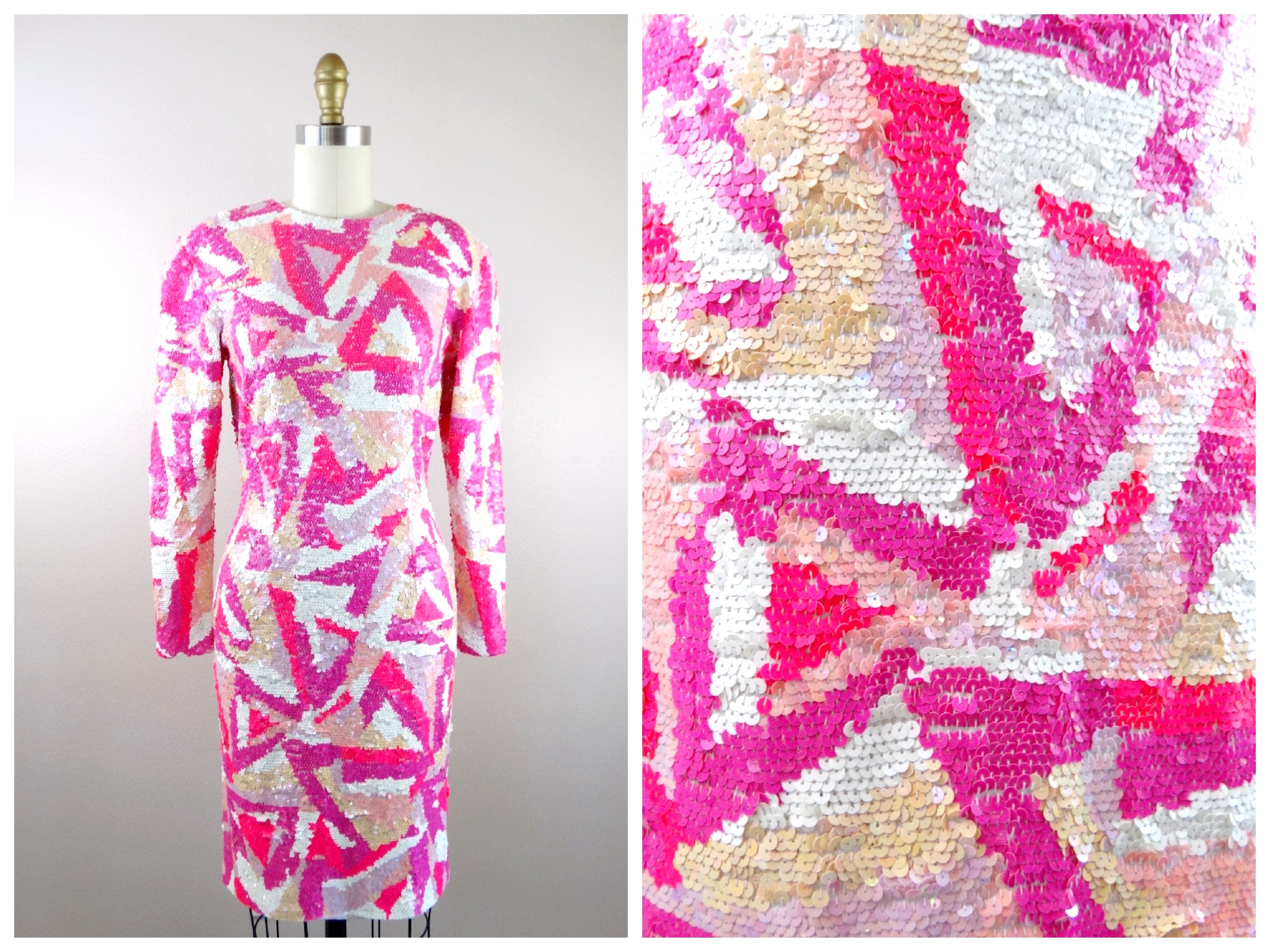 Rare Neon Pink Sequin Dress/Hot & White Mini Bright Embellished By Lillie Rubin