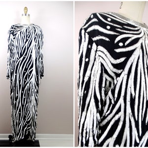 70s 80s Sequin Plus Size Gown / Black and White Silk Beaded Dress by Judith Ann Plus