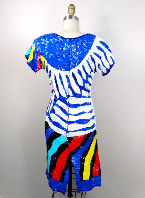 S/M Funky Sequin Dress / Neon Blue Red Yellow and… - image 5