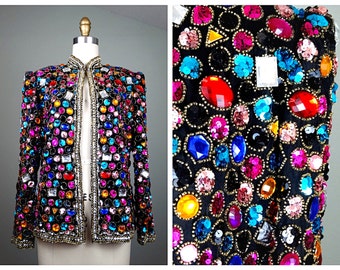 HEAVY Jewel Embellished Sequin Trophy Jacket // Rainbow Rhinestone Crystal Gem Beaded Evening Jacket