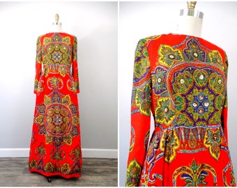 70s Ornate Gold Sequined Maxi Dress // 1970's Bright Orange and Yellow Quilted Embellished Hippie Gown w/ Pockets