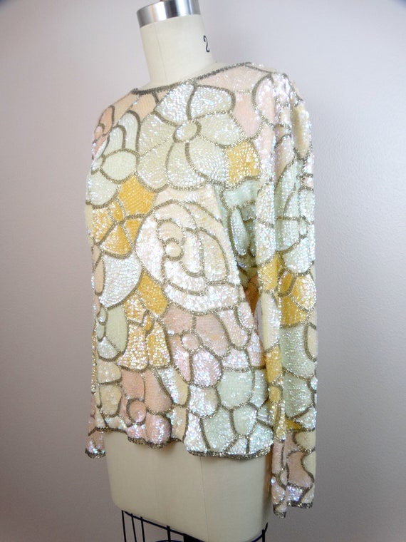 S/M Iridescent Sequined Beaded Ivory Cream Top / … - image 5