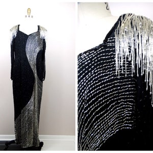 L/XL Black and Silver Beaded Gown // Avant Garde Fully Length Evening Dress // Plus Size Vintage Fringe Shoulders Gown