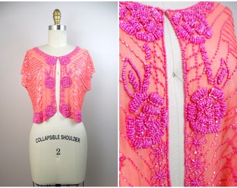 Bright Pink Beaded Sequined Bolero Shrug // Neon Sheer Embellished Top