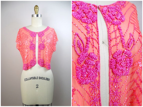 Bright Pink Beaded Sequined Bolero Shrug // Neon S