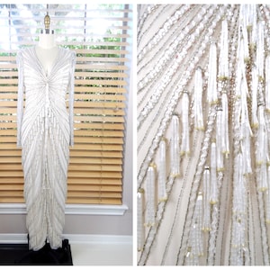 Bob Mackie Perlen Brautkleid // Verziertes Brautkleid mit Fransen Perlen // Art Deco Perlen Brautkleid
