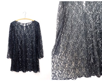 Plus Size Lace Sequined Babydoll Mini Dress / Sequin Embellished Sheer Black Shell / Long Sleeved Oversized Dress Cover