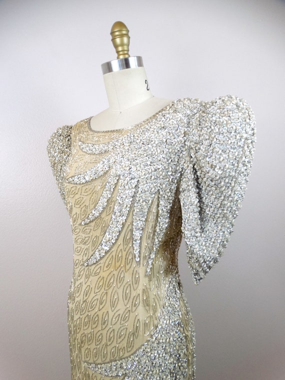 AVANT GARDE Sequin Beaded Gown / Dramatic 80s Vintage Dynasty Dress