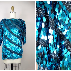 Turquoise Paillette Sequin Top / All Over Spangle Fringe Top Size Large