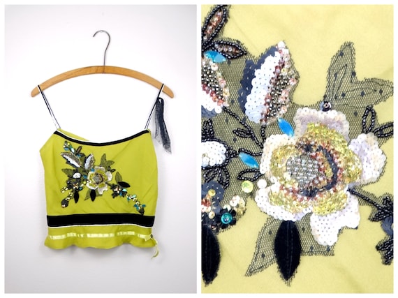 Chartreuse Silk Sequined Beaded Top // Strappy Spa