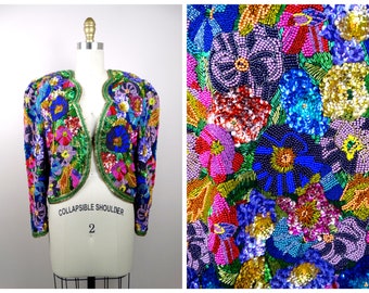 VERY HEAVY All Beaded Floral Bolero / Jewel Embellished Sequin Rainbow Jacket -- Museum Quality !!!